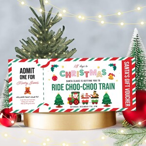 May include: A Christmas-themed gift voucher with red and green borders. The voucher reads "ADMIT ONE FOR Henry Jones" and "RIDE CHOO-CHOO TRAIN". Festive illustrations include a train, Christmas trees, and Santa Claus.