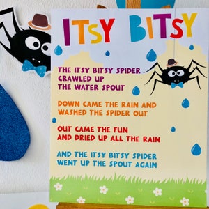 May include: A yellow and white printable sign with the lyrics to the Itsy Bitsy Spider nursery rhyme. The sign features a cartoon spider with a black top hat and bow tie, and a few raindrops.