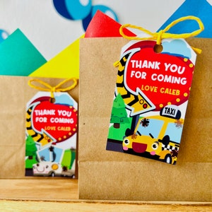 Car Wash themed party favour tags featuring a cartoon taxi, green garbage truck and the text "Thank you for coming".