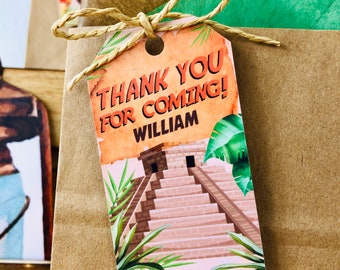 May include: A brown and orange thank you tag with a green jungle scene and a pyramid. The tag says "Thank You For Coming! William".