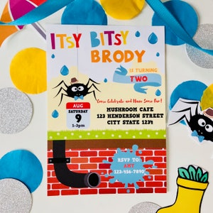 May include: A colorful invitation for a birthday party. The invitation features a cartoon spider with a bow tie and a hat. The text on the invitation reads "Itsy Bitsy Brody is turning two. Come celebrate and have some fun! Mushroom Cafe, 123 Henderson Street, City State 1234. Aug Saturday 9, 1-3pm. RSVP to: Amy 123-456-7890."