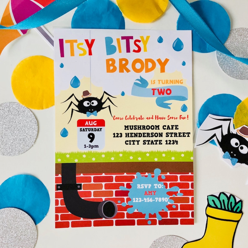 May include: A colorful invitation for a birthday party. The invitation features a cartoon spider with a bow tie and a hat. The text on the invitation reads "Itsy Bitsy Brody is turning two. Come celebrate and have some fun! Mushroom Cafe, 123 Henderson Street, City State 1234. Aug Saturday 9, 1-3pm. RSVP to: Amy 123-456-7890."