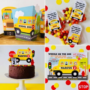 A yellow school bus party invitation with a red stop sign, a fire hydrant, and the text "Wheels on the Bus goes round and round all through the town as" and "Marcus 2".