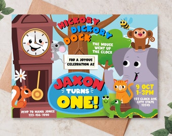 May include: A colorful invitation for a first birthday party with the theme "Hickory Dickory Dock". The invitation features a clock, a mouse, a squirrel, a cat, a snake, an elephant, and a monkey. The text on the invitation reads "Jaxon Turns One!" and includes the date, time, and location of the party.