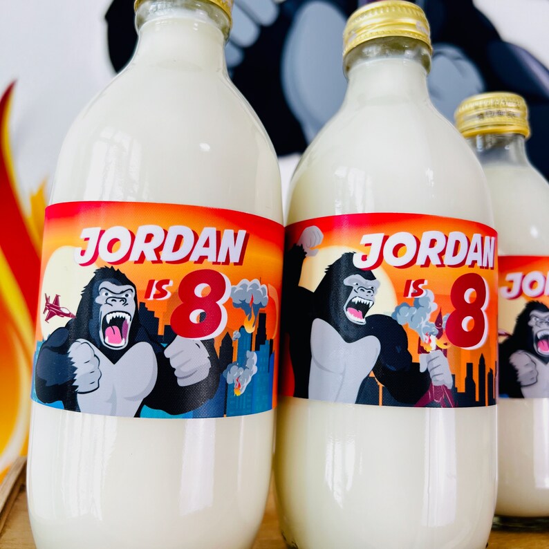 King Kong Party, Planet of the Apes Party, Kong Skull Island Party, Legend of Tarzan, Rampage Movie Party, Black Gorilla Themed Birthday Party Decorations, Kingdom of the Apes | King Kong Party Bottle Wrappers, Drinks Labels, Beverage Sticker