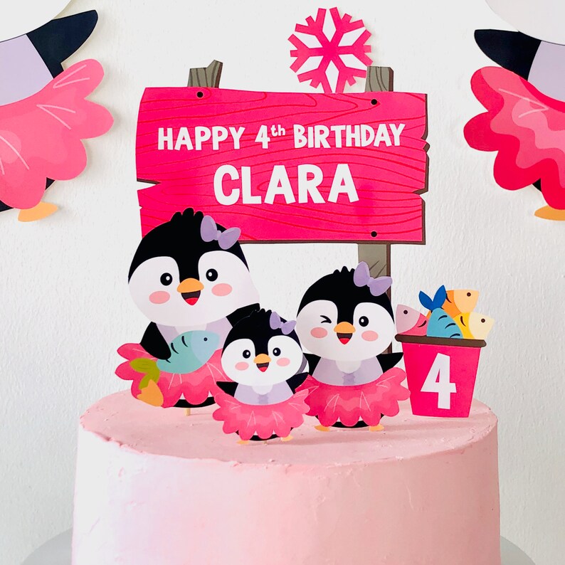 Penguin Girl Birthday Cake Topper/ Pink Christmas Cake Topper/ Penguin Winter Wonderland Cake Topper Party Printable