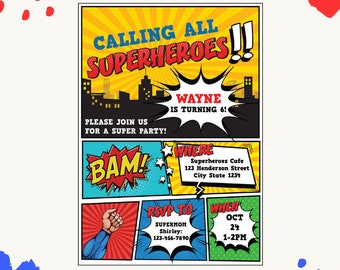 Superhero Birthday Invitation/ Superhero Boys Party Invitation/ Superhero Kids Birthday Invite EDITABLE Printable