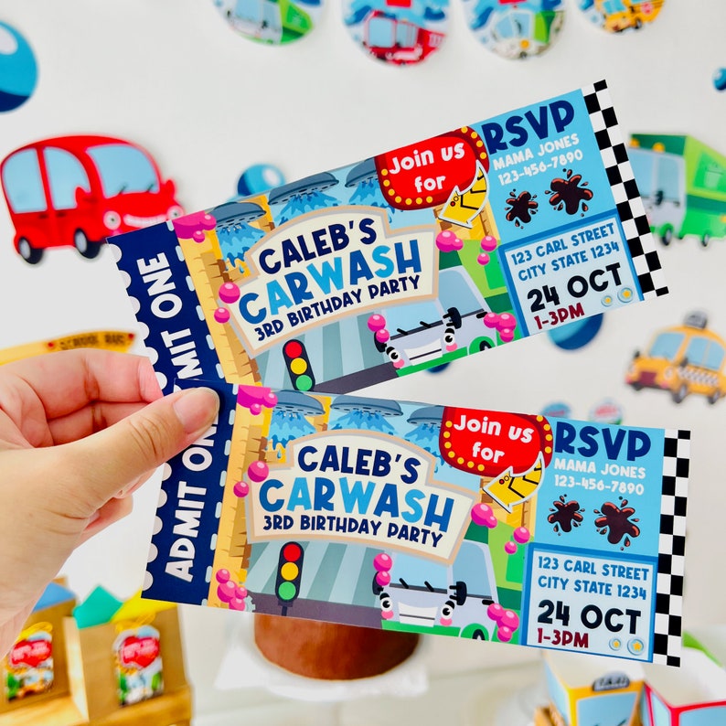 Car Wash themed party invitations with the text "Caleb's Carwash 3rd Birthday Party" and RSVP information. The invitations are printed on a ticket-style paper with a black and white chequered border.