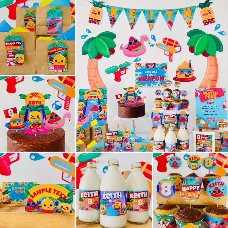May include: A colorful birthday party theme featuring a chocolate cake with toppers, cupcakes, gift bags, and decorations. The theme includes cartoon characters, water guns, and watermelon and pineapple designs. The text includes "Happy Birthday Keith" and "Keith's Water Park".
