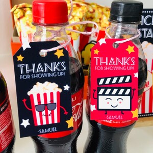 Thanks for Showing Up clapperboard and movie popcorn favor tag, red retro movie night party printable drink tag