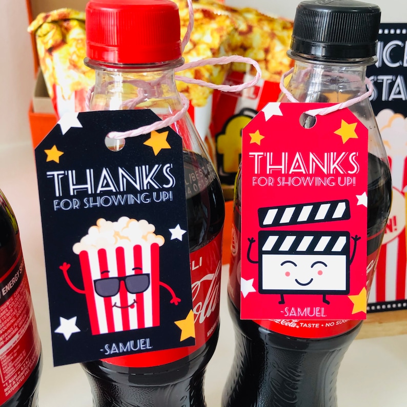 Thanks for Showing Up clapperboard and movie popcorn favor tag, red retro movie night party printable drink tag