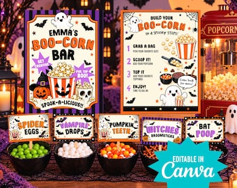 Conjunto editável para imprimir de bar de pipoca de Halloween | Placa "Monte sua Pipoca" e etiquetas para identificação de comidas