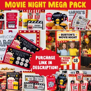 Movie night mega bundle printable with invitations decorations party games and concession stand setup for kids