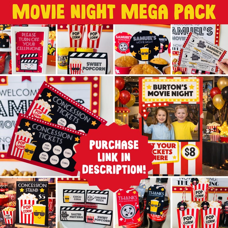 Movie night mega bundle printable with invitations decorations party games and concession stand setup for kids