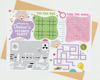 Mantel individual para colorear para fiesta de ciencia: Nombre y juegos editables (Descarga digital)