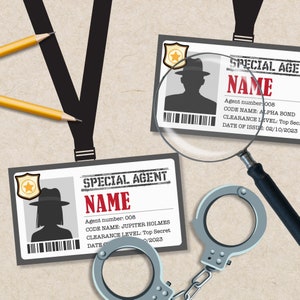Insignia de detective EDITABLE para imprimir / Tarjeta de identificación de agente secreto / Pase de identificación de insignia de agente especial / Juego de simulación / Juego de fiesta de misterio de asesinato
