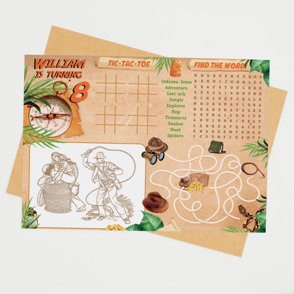 Indiana Jones Party Game Coloring Place Mat/ Adventure Explorer Kids Party Game Printable