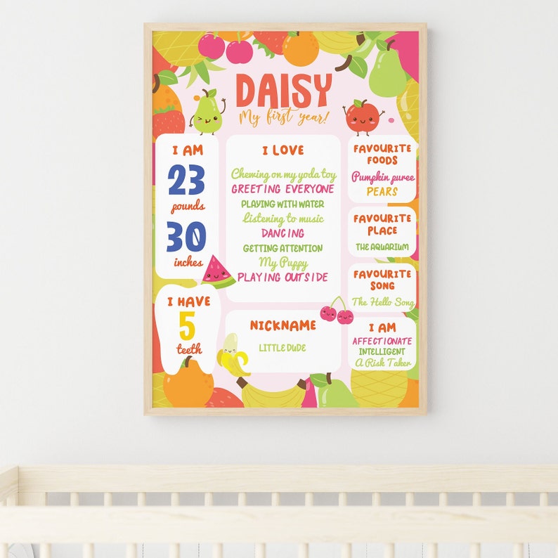 K&ouml;nnte beinhalten: Ein farbenfroher, druckbarer Chart f&uuml;r den ersten Geburtstag eines Babys mit einem Frucht-Thema. Der Chart enth&auml;lt den Namen des Babys, Daisy, und Details &uuml;ber sein erstes Jahr, einschlie&szlig;lich seines Gewichts, seiner Gr&ouml;&szlig;e, seiner Lieblingsessen und seiner Pers&ouml;nlichkeitsmerkmale.