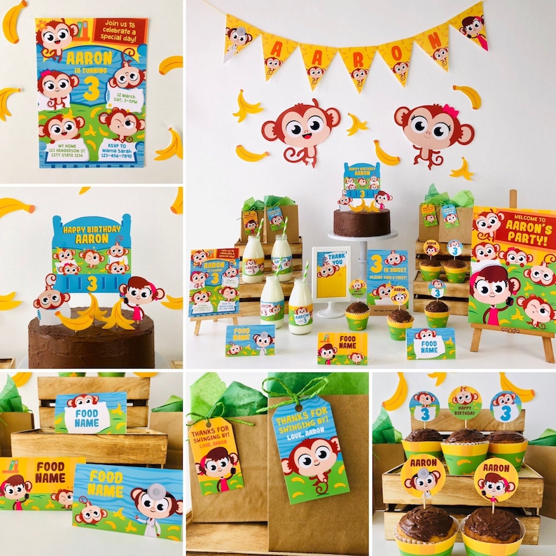 May include: A monkey-themed birthday party set with a banner, cupcake toppers, food labels, favour bags, and invitations. The set features a cartoon monkey wearing a blue shirt and holding a yellow banana. The invitations say "Join us to celebrate a special day! Aaron turns 3".