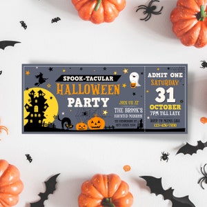 May include: A Halloween party invitation ticket with a spooky design. The ticket features a haunted house, pumpkins, and the text "Spook-tacular Halloween Party." It includes event details like the date, time, and RSVP information.