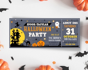 May include: A Halloween party invitation ticket with a spooky design. The ticket features a haunted house, pumpkins, and the text "Spook-tacular Halloween Party." It includes event details like the date, time, and RSVP information.