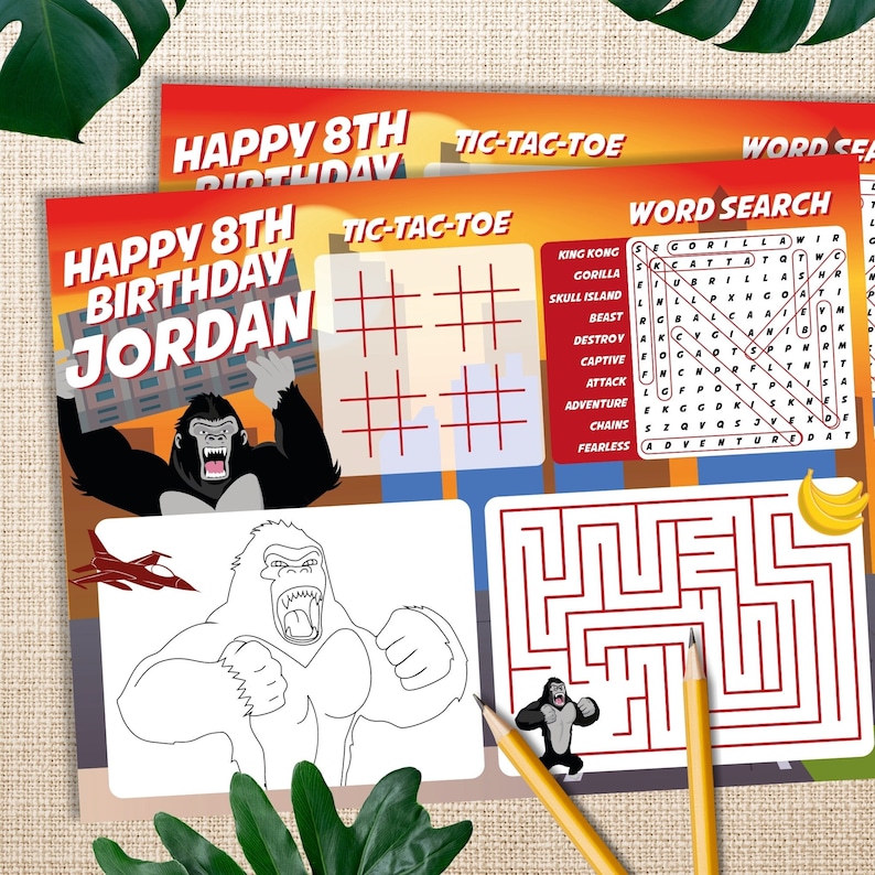 King Kong Coloring Activity Place Mat, Planet of the Apes Party Game, Party Activity for kids, Gorilla Birthday Coloring Page, Jungle Party Coloring Sheet, Word Search, Kids Coloring, Tic Tac Toe, Maze