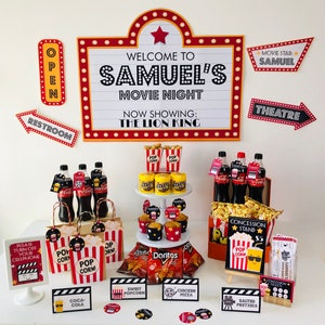 Editable Retro Movie Night Direction Signs Set of 4 including Restroom, Open, Theatre and Movie Star signs for Hollywood theater party decor