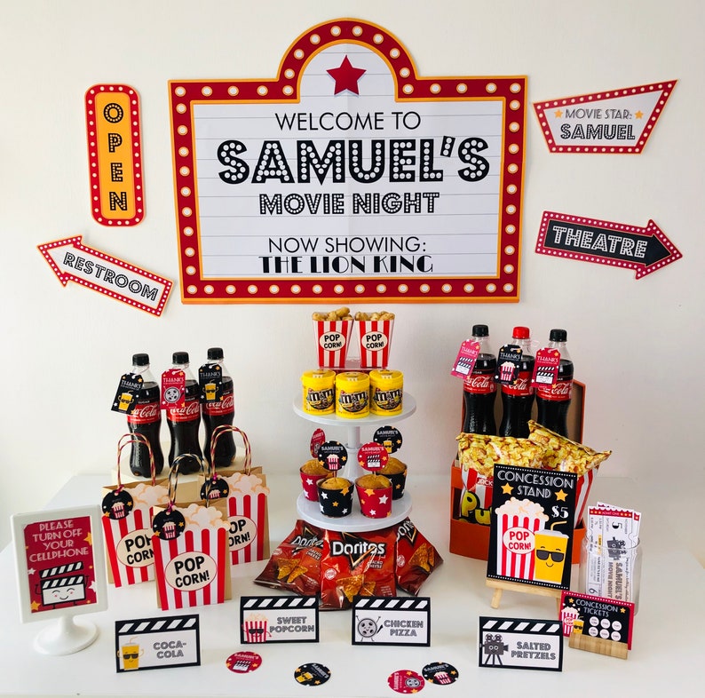 Editable Retro Movie Night Direction Signs Set of 4 including Restroom, Open, Theatre and Movie Star signs for Hollywood theater party decor