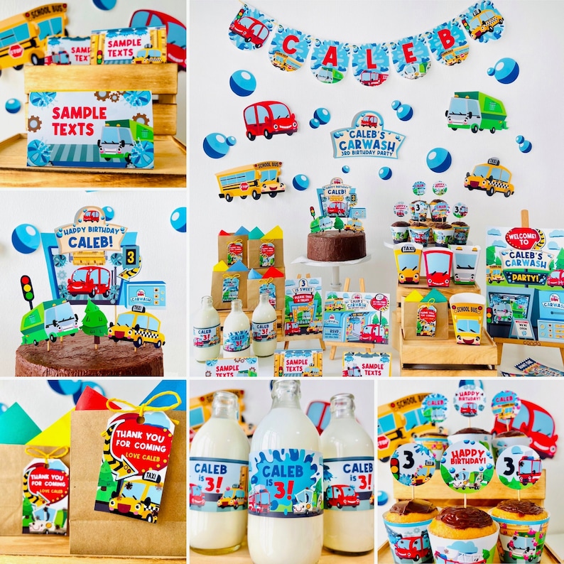 A car wash themed birthday party with blue and red decorations. The decorations include a banner with the name "Caleb", a cake with a car on top, and cupcakes with car toppers. There are also favour bags with tags that say "Thank you for coming, love Caleb".