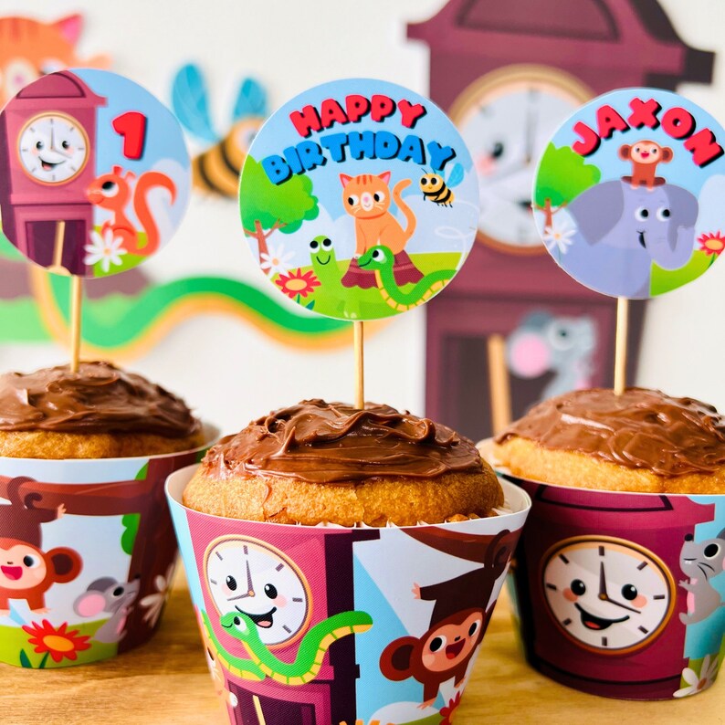 Hickory Dickory Dock Party Cupcake Toppers | Nursery Rhymes Party Food Dessert Topper | Mouse went up the Clock Party Decor | First Birthday Party Food Table Decor | Dessert Toppers