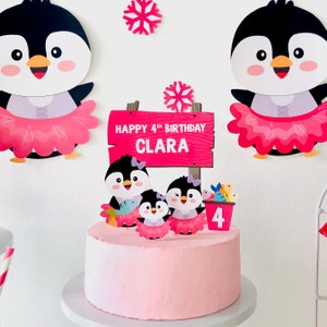 Penguin Girl Birthday Cake Topper/ Pink Christmas Cake Topper/ Penguin Winter Wonderland Cake Topper Party Printable