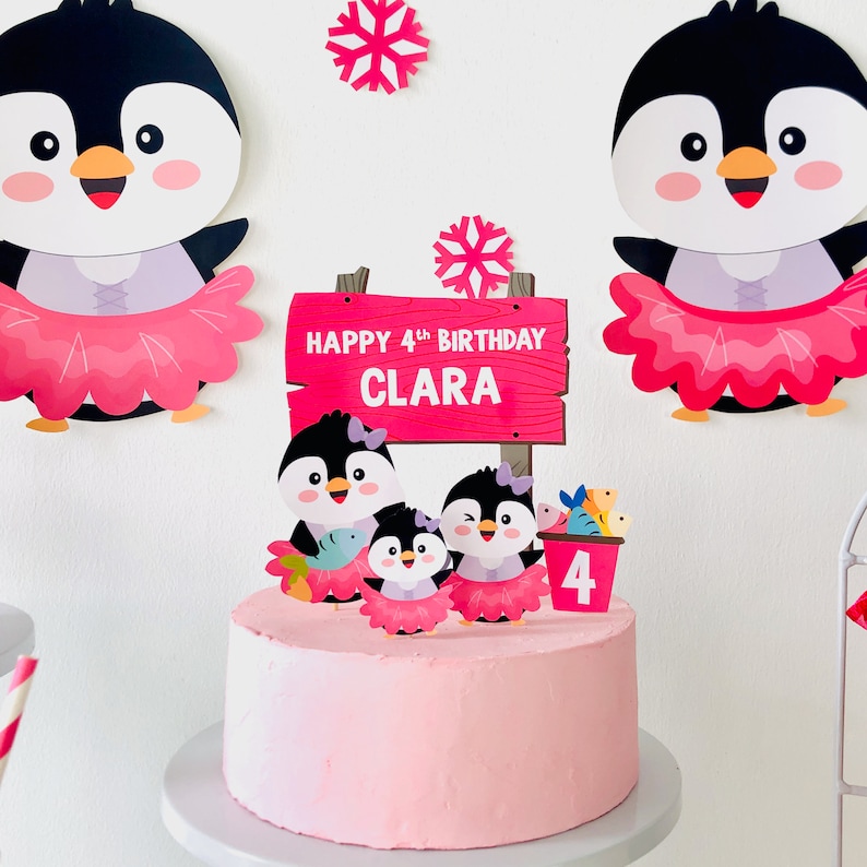 Penguin Girl Birthday Cake Topper/ Pink Christmas Cake Topper/ Penguin Winter Wonderland Cake Topper Party Printable