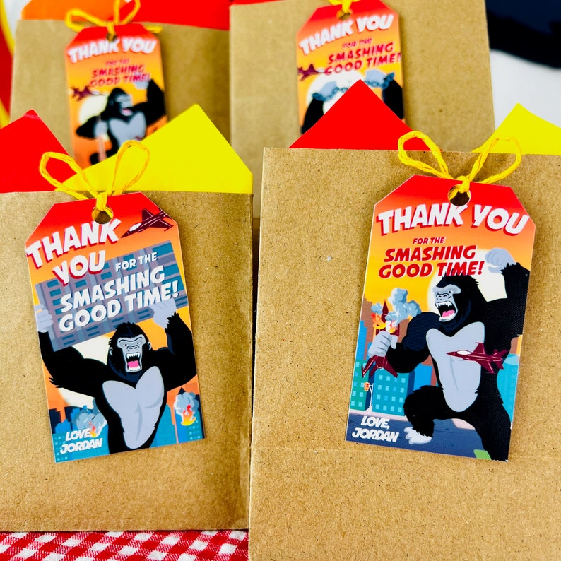 King Kong Party, Planet of the Apes Party, Kong Skull Island Party, Legend of Tarzan, Rampage Movie Party, Black Gorilla Themed Birthday Party Decorations, Kingdom of the Apes | King Kong Party Favors, Gift Tags, Favor Tags, Labels