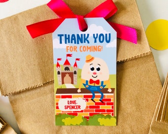 Etiquetas de regalo de Humpty Dumpty, imprimibles editables para recuerdos de fiesta