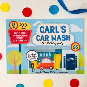 May include: A colorful invitation for Carl's 5th birthday party, themed as a car wash. The design features a red car, a car wash illustration, and the text "Carl's Car Wash". Includes date, time, address, and RSVP information.