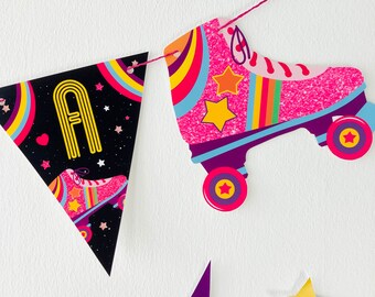 May include: A colorful party banner with a pink roller skate design and the letter "A" in a black and yellow design. The banner is perfect for a birthday party or other celebration.