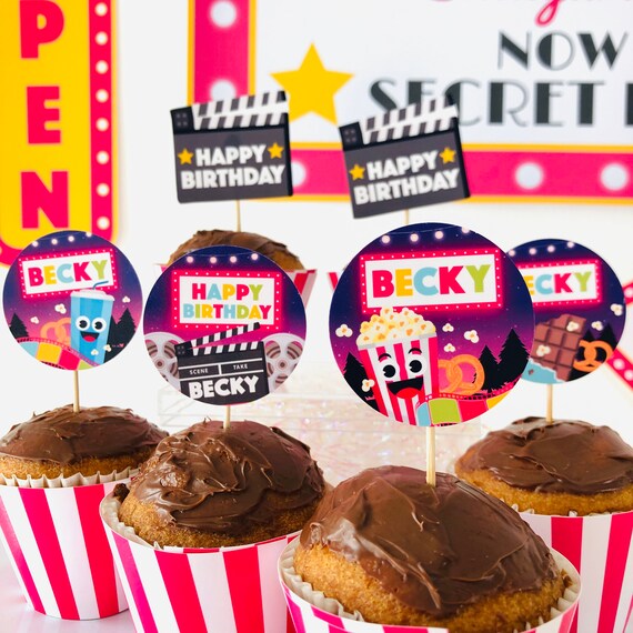 Movie Night Girl Party Cupcake Topper/ Backyard Movie Night Girl Concession Stand Cupcake EDITABLE Party Printable Il_570xn