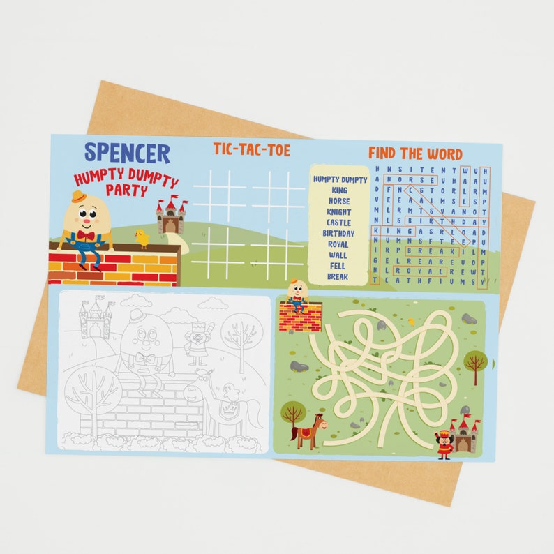 May include: A printable activity sheet for a child's birthday party featuring a Humpty Dumpty theme. The sheet includes a tic-tac-toe game, a word search, and a maze. The sheet is decorated with colorful illustrations of Humpty Dumpty, a castle, a horse, and a knight.