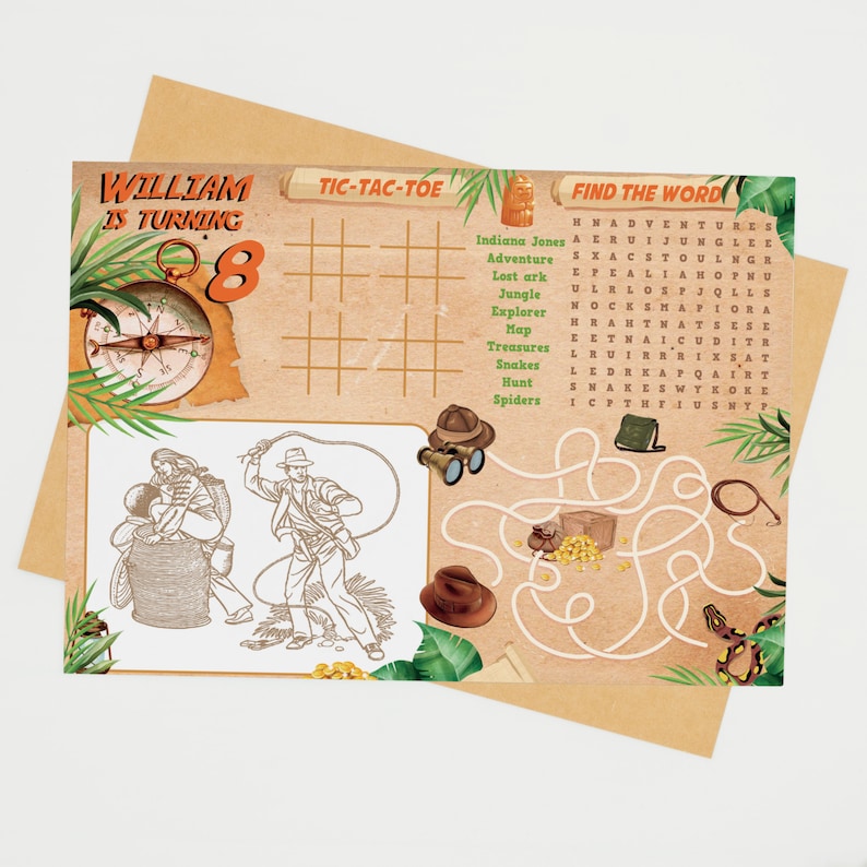 Indiana Jones Party Adventure Explorer Birthday Party Games Coloring Place Mat Activity Sheet
