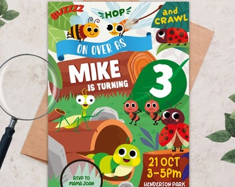 Invitación a fiesta de cumpleaños con temática de insectos / Búsqueda de insectos, temática de naturaleza (Invitación digital)