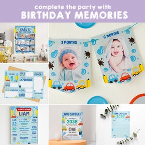A set of printable birthday party decorations for a baby boy's first birthday. The decorations feature a blue and yellow colour scheme with a car theme. The decorations include a banner, a time capsule, and a first birthday milestone poster. The text on the decorations includes "Carl's Very First Year!" and "Liam".