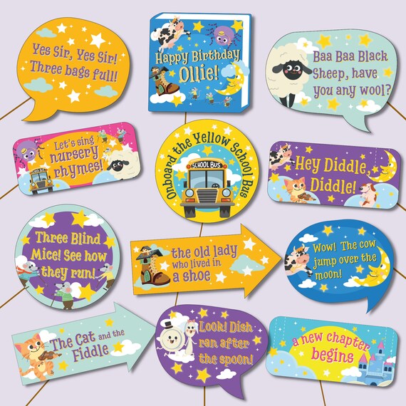First Birthday Photo Props EDITABLE Printable Set/ Nursery Rhymes Lullabies Party Photo Booth ...