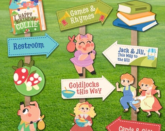 Könnte beinhalten: Ein Satz farbenfroher, fantasievoller Schilder für eine Kinderparty. Die Schilder zeigen Illustrationen von Schweinen, Pilzen und Kindern und enthalten Texte wie "Spiele & Reime", "Toilette", "Goldlöckchen diesen Weg", "Hänsel und Gretel, Diesen Weg zum Hügel", und "Karten & Geschenke".