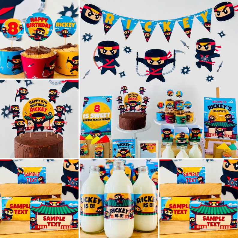 May include: A birthday party table setting with a ninja theme. The table is decorated with blue and black ninja banners, a chocolate cake with ninja toppers, and milk bottles with personalized labels. There are also several party favors, including small ninja figurines and cupcakes.