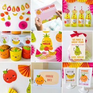Tutti Frutti birthday party setup with printable decor kit featuring fruit theme decorations for kids dessert table and snack station