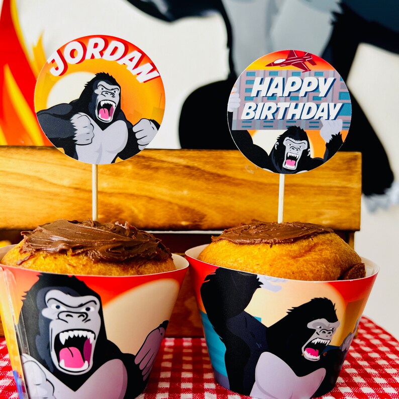King Kong Party, Planet of the Apes Party, Kong Skull Island Party, Legend of Tarzan, Rampage Movie Party, Black Gorilla Themed Birthday Party Decorations, Kingdom of the Apes | King Kong Birthday Cake, Planet of Apes Cupcake Topper, Dessert Toppers