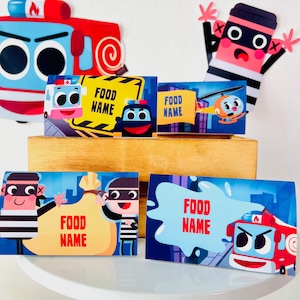 Super Rescue Team Party Food Tent Card Labels EDITABLE Printable | Police Car, Fire Truck, Ambulance, Helicopter Rescue Party Place Cards