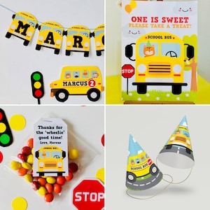 A yellow school bus party favour bag with a yellow school bus design and the text "School Bus" and "Thanks for the 'wheelie' good time! Love, Marcus".