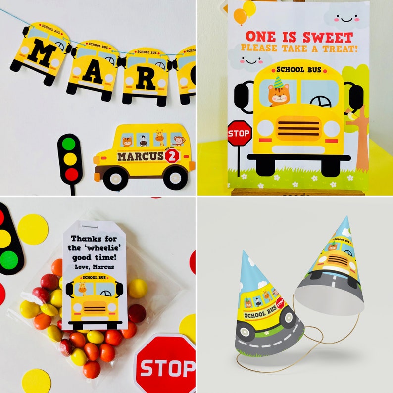 A yellow school bus party favour bag with a yellow school bus design and the text "School Bus" and "Thanks for the 'wheelie' good time! Love, Marcus".