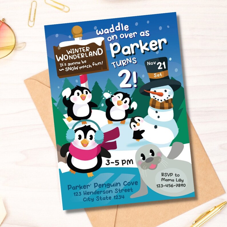 Penguin Birthday Invitation/ Winter Wonderland Christmas Party Invitation Printable